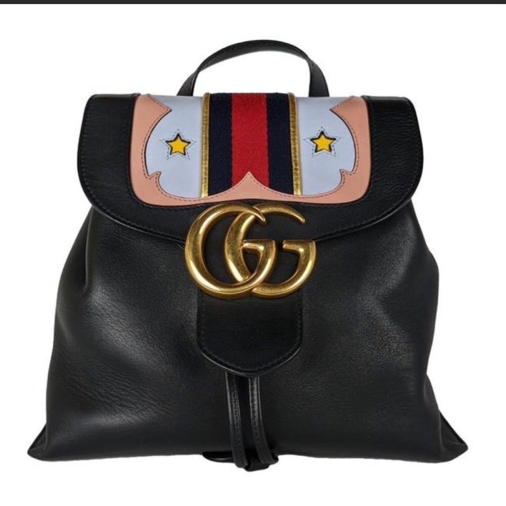 Gucci Marmont Web Gg Flap Chain Black Leather Backpack